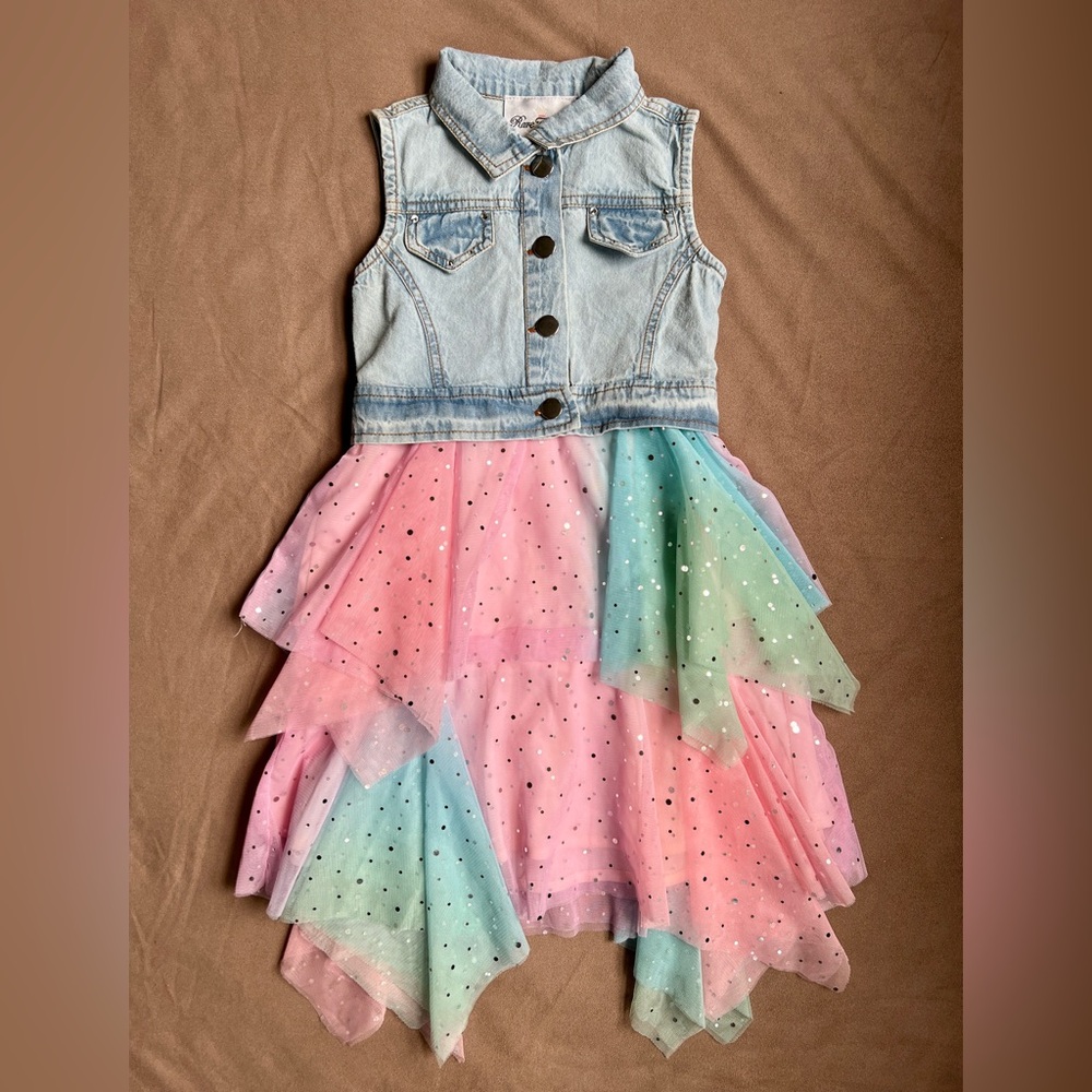 Girls dress, sleeveless denim & multicolor tulle with shimmering dots NWT Size 5